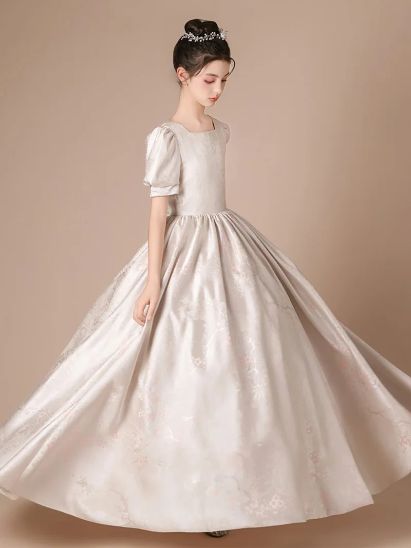 Meisjes prinses mouw vierkante hals peer bloem satijn junior bruidsmeisje jurk bloemenmeisje jurk vakantie jurk concert jurk/aangepast