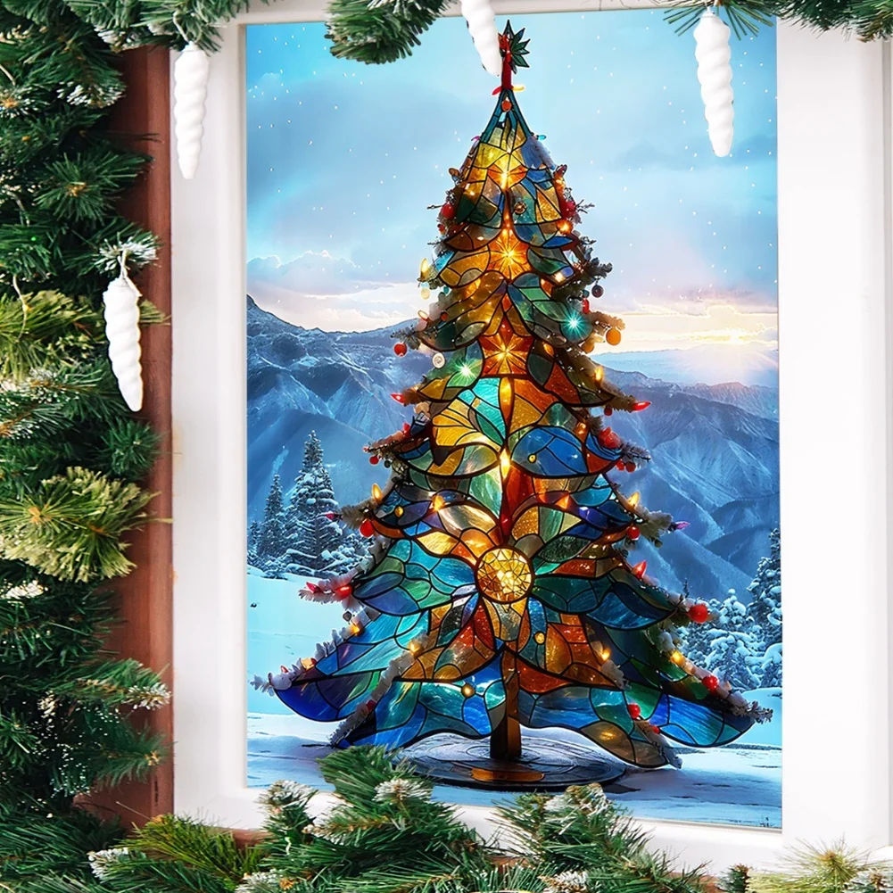 Large Double Sided Christmas Tree Window Decals 2Pcs Xmas Tree Clings Reusable Holiday Decor for Windows and Mirrors