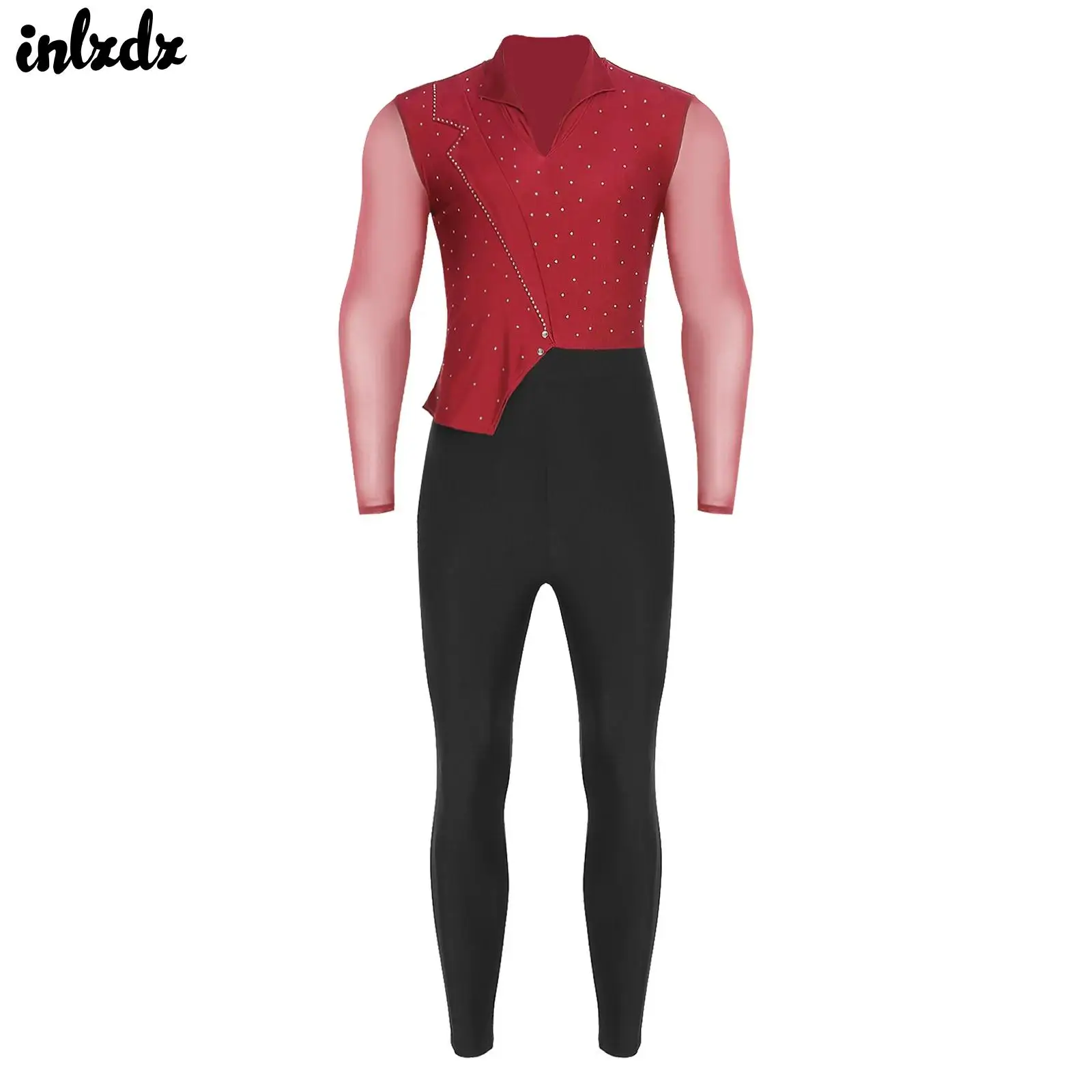 

Mens Ballet Latin Dance Jumpsuit Sheer Mesh Long Sleeves Shiny Rhinestones Bodysuit Dance Performance Competition Costume