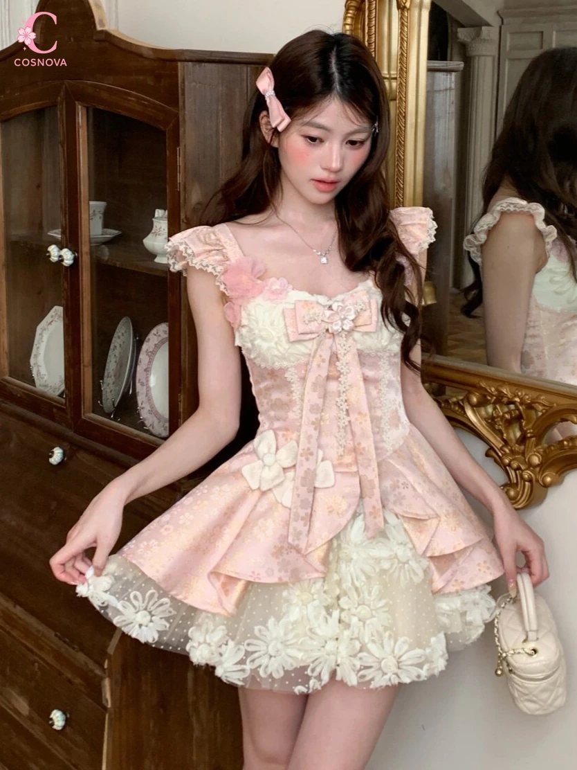 Sweet Coquette 3D Floral Applique Mock Two Piece Princess Dress Women Fairycore…