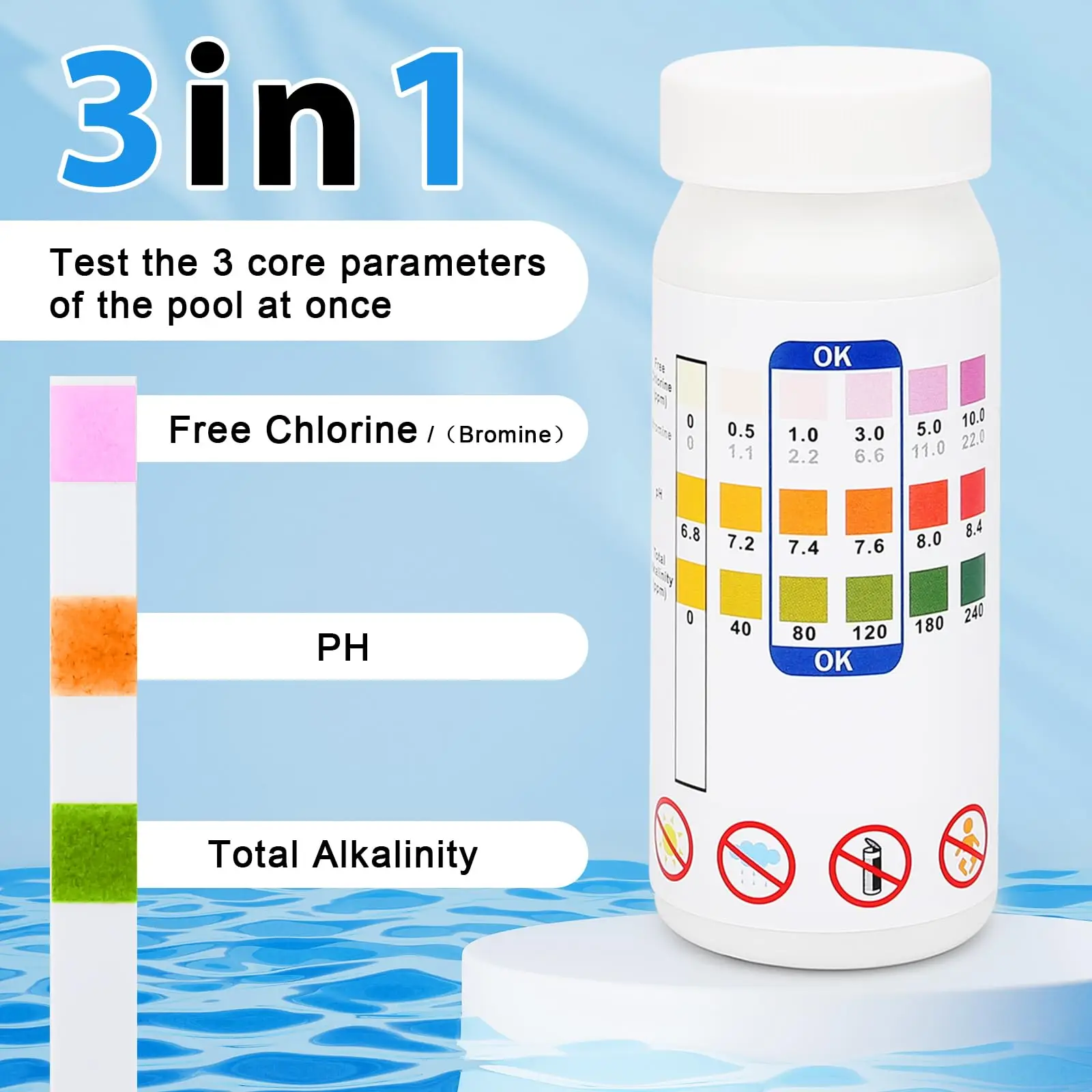 Pool Test Strips 3-in-1 Pool Water Testing Kit for Chlorine, Bromine, pH, Alkalinity Hot Tub Test Strips for Swimming Pools Spas