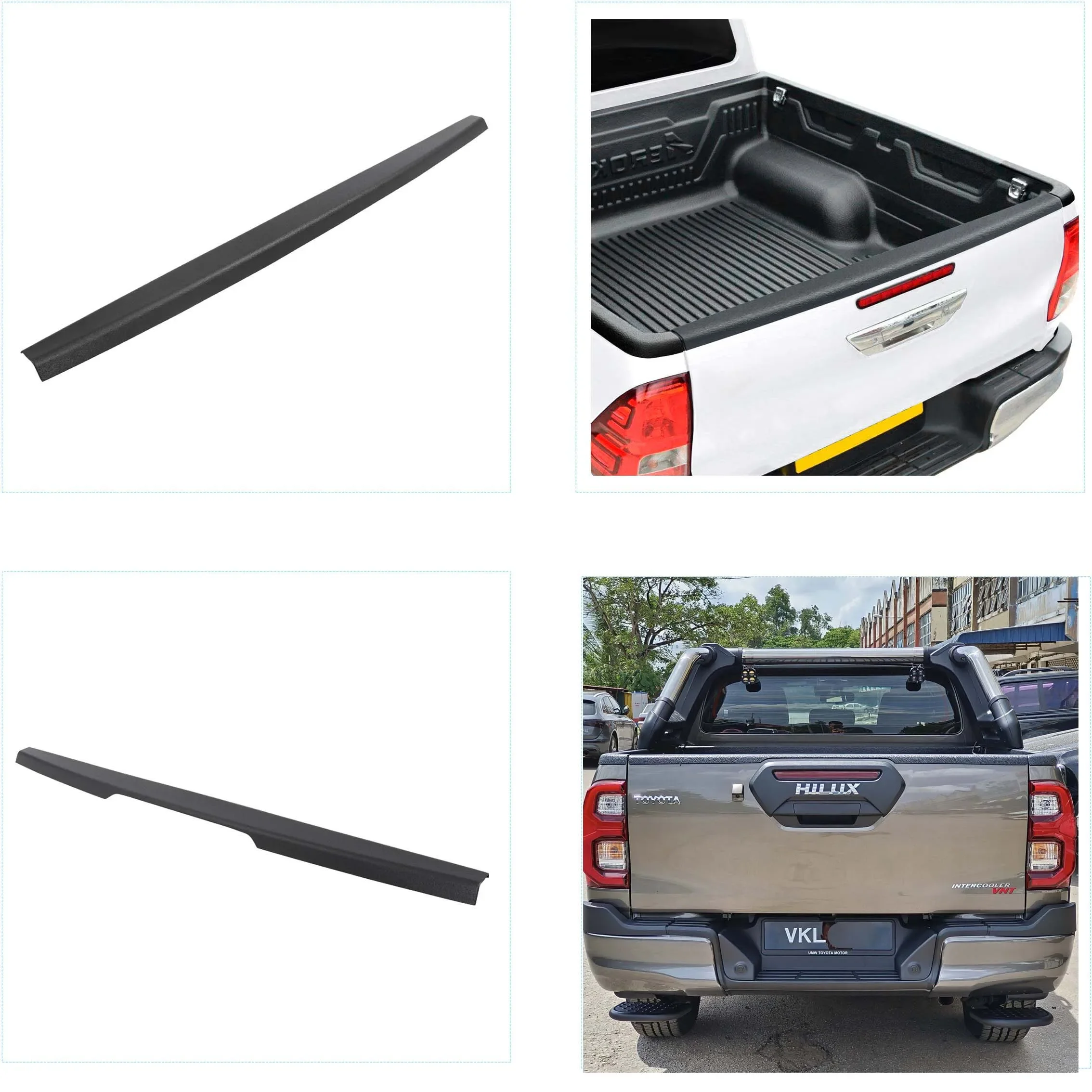 a través de la cubierta de la puerta trasera, protector de riel embellecedor para Toyota hilux revo 2015-2023, tira protectora trasera de coche
