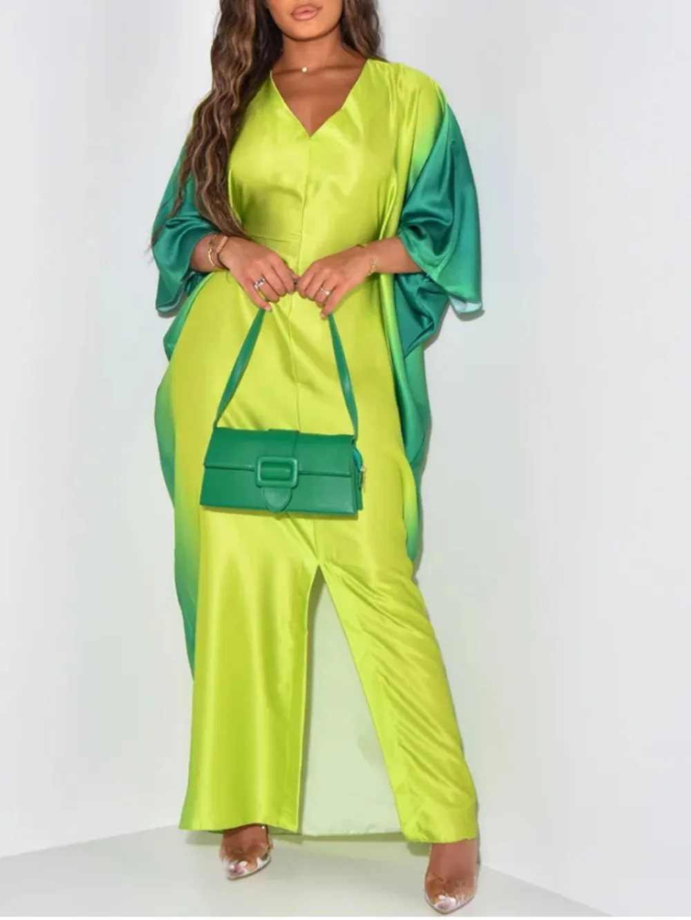 Long Satin Dress with Bat Sleeve for Women, Colored Split Dress, V-Neck, Casual and African, Spring and Summer Fashion, 2024