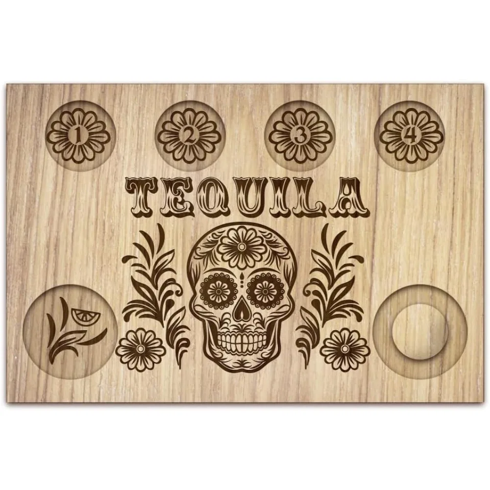 Sugar Skull Tequila Shot Glasses Serving Tray Wooden Glass Holder with Salt Rim Shot Glasses Board for Bar Restaurant Party