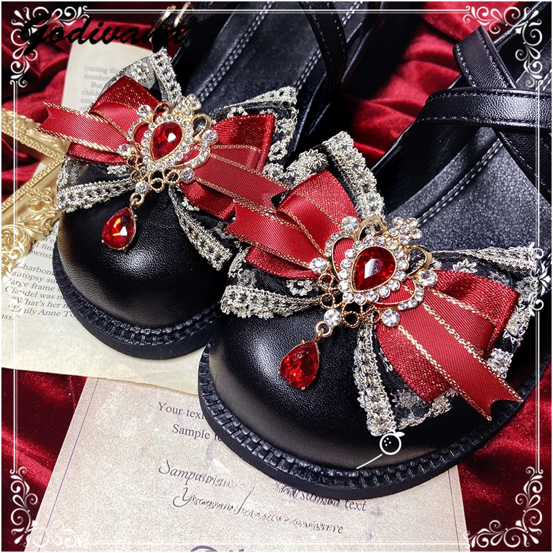 Handmade Pair of Shoe Clip Retro Lolita Detachable Bow Diamond Red Shoe Buckle Lady Girls Party Evening Shoe Ornament