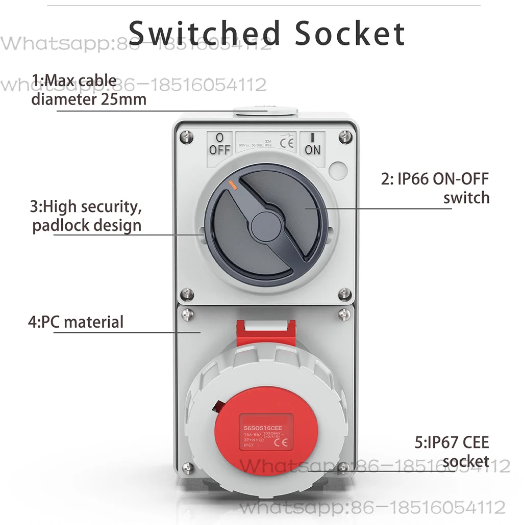 Waterproof CEE Socket 3Pin 32a Outlet Combination Switched Socket With Circuit Protection EV charge socket