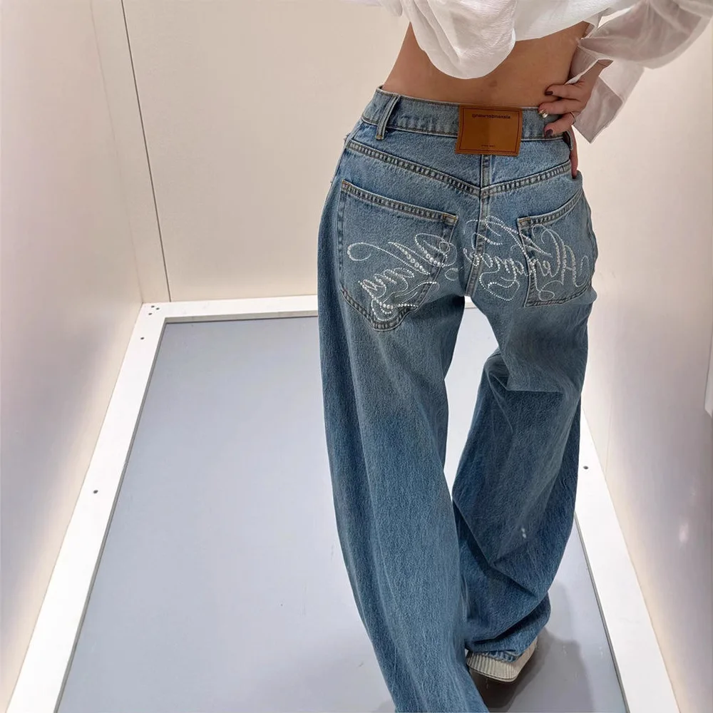 

Retro American Streetwear Denim Jeans High Waist Straight Leg Glittering Diamond Women's Wide Leg Pants Spring Fashion