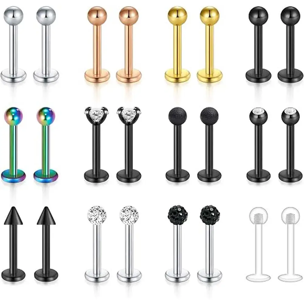 24Pcs Set Stainless Steel Lip Stud Fixed Cartilage Earrings Barbell Perforated Jewelry Transparent Diamond CZ Suitable Women