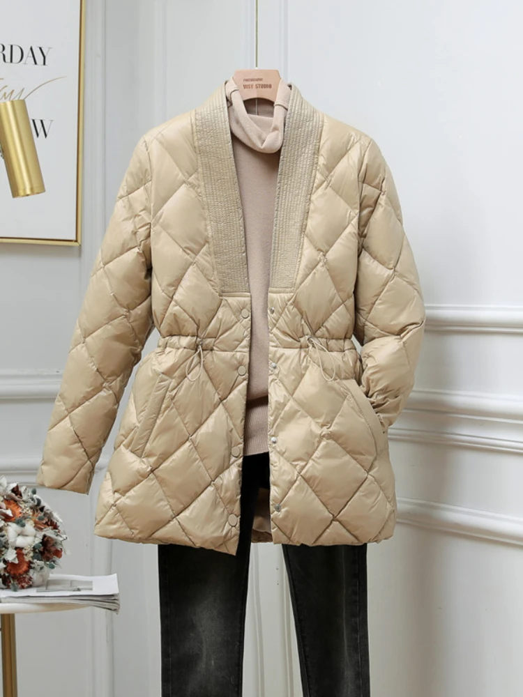 Women Elegant White Duck Down Jacket 2021 New Korean Fashion V Neck Slim Bandage Lightweight Down Coat and Parka Warm Outwear