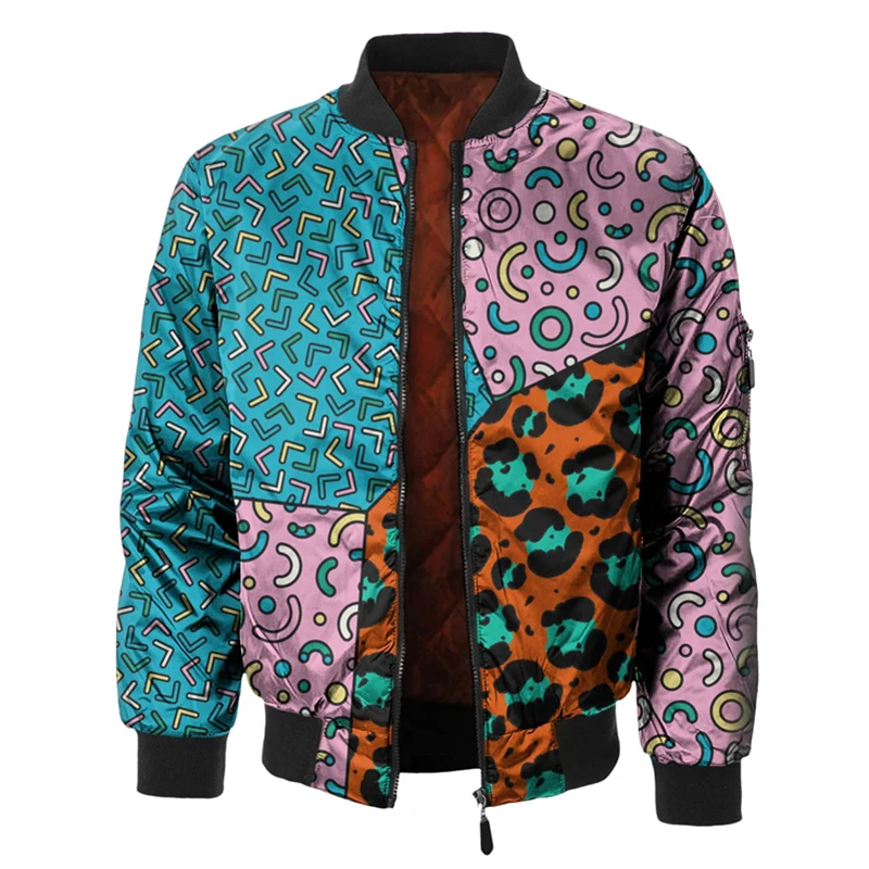 Retro Printing Patch Jacket Men\'s Clothing Stand Collar Zipper Long Sleeve Jackets Harajuku Streetwear Square Spots Bomber Coat