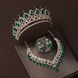 Itacazzo Bridal Headwear Crown Necklace Earrings Four Piece Set of Green Colour Women's Exquisite Party Tiaras