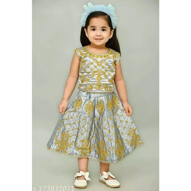 

Girls Ethnic Lehenga Choli Gold and Silver Embroidery Party Wear Round Neck Sleeveless Girls Baby Suit