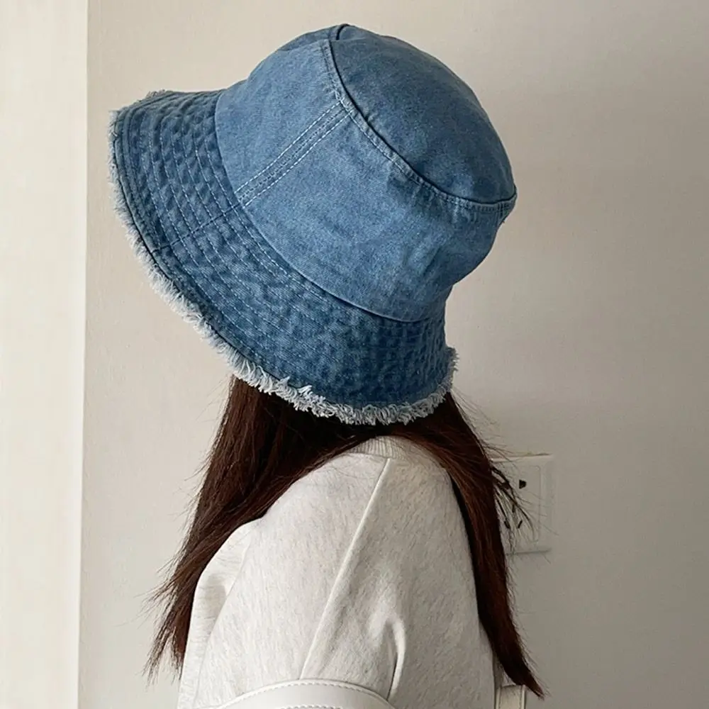 Sunscreen Hat Solid Color Fur Denim Fisherman Hat Denim Style Men Women Bucket Hat Fringed Edge Summer Vintage Bob Hat