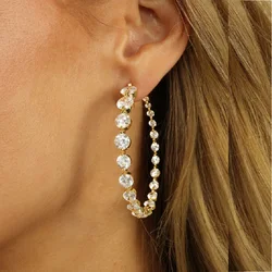 Exquisite 35mm Circle Hoop Earrings for Women Paved Round White Cubic Zirconia with 18K Gold Plated Color Fashion Jewelry Party
