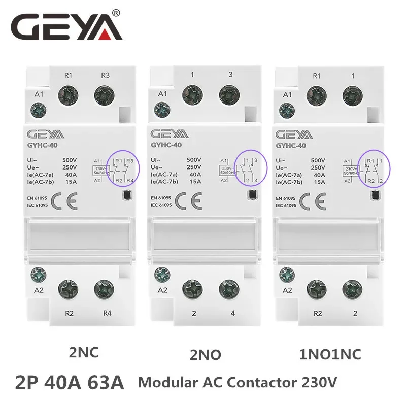 GEYA 2P 40A 63A 2NO or 2NC or 1NO1NC Modular Contactor DIN Rail Mounting AC220V 230V Automatic