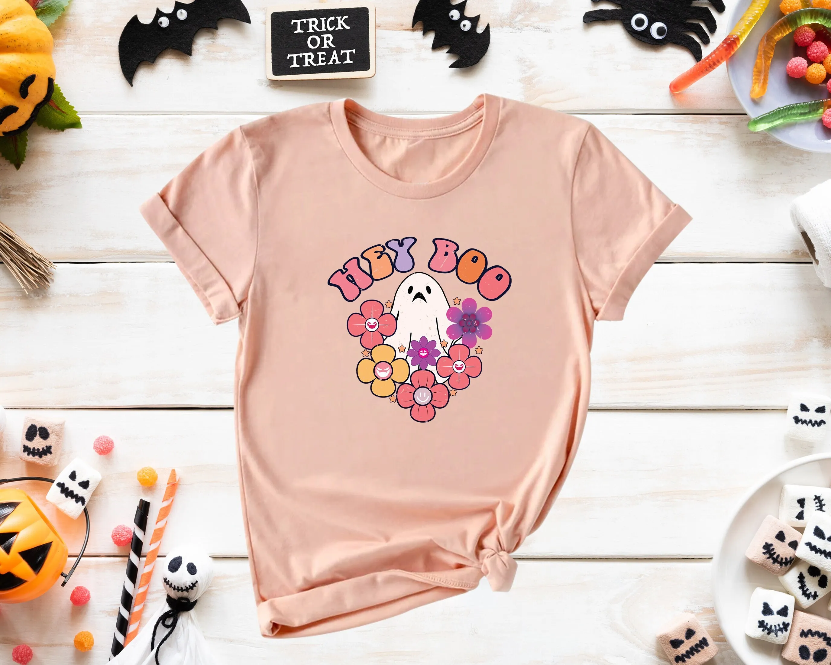 Hey Boo T Shirt Spooky Fall Autumn Season Halloween Typography