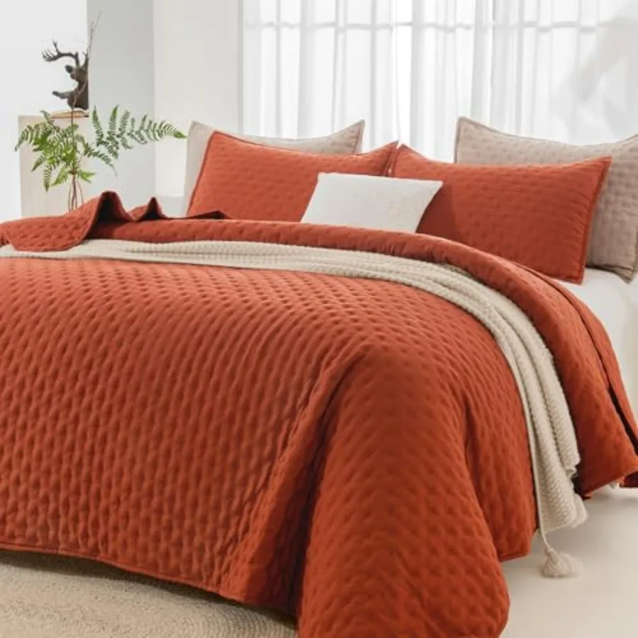 

California King Size Quilt Bedding Set 112x104 Inch 3 Pieces Burnt Orange Soft Lightweight Bedspread Coverlet Terracotta Boho S