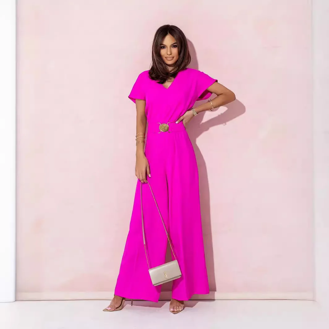 High Quality Women's Clothing Solid Color V-neck Waistband Short Sleeved Casual Pants Jumpsuit Elegant Jump Suits for Women Y2k