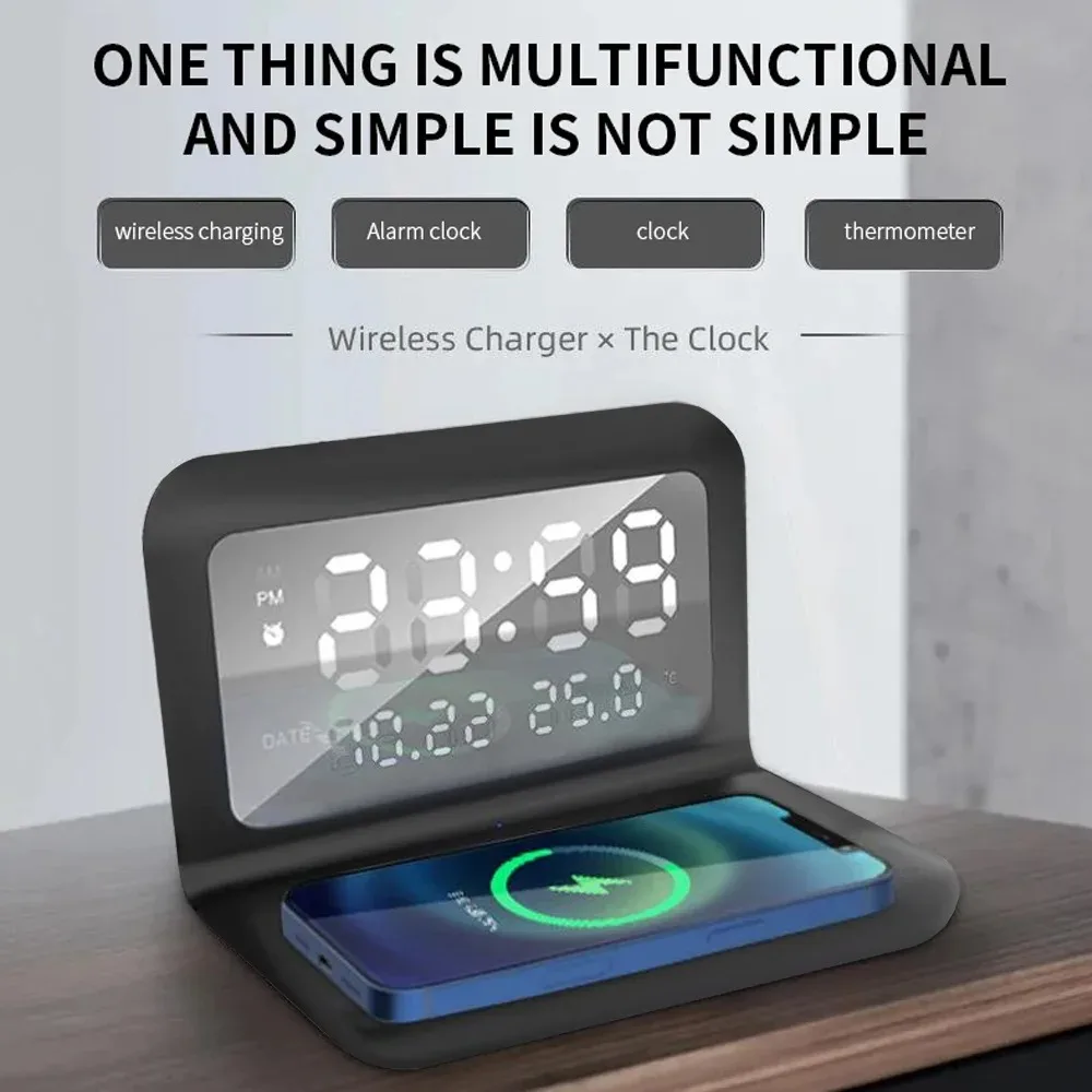 100W Wireless Charger Pad Stand with Alarm Clock Thermometer for iPhone 14 13 12 15 X Xiaomi Samsung Phone Fast Charging Station