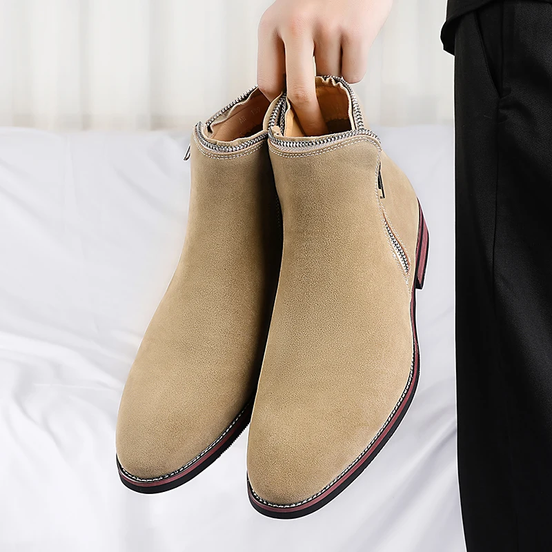 Brand New Chelsea Men's Boots Fashion Low Heel Side Zipper Denim Boots Casual  Round Head Business Formal High Top Leather Shoes - view 2