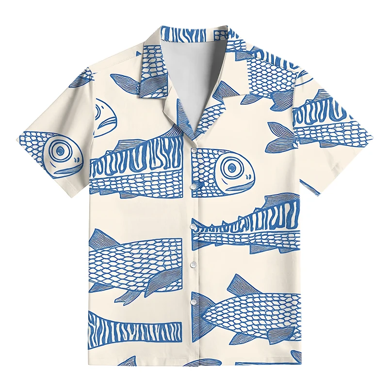 Nordic Minimalist Fish-Print Shirt and Trousers Set – Line-Art Fish Design – Casual Loungewear/Pajamas – Matching Family Outfits