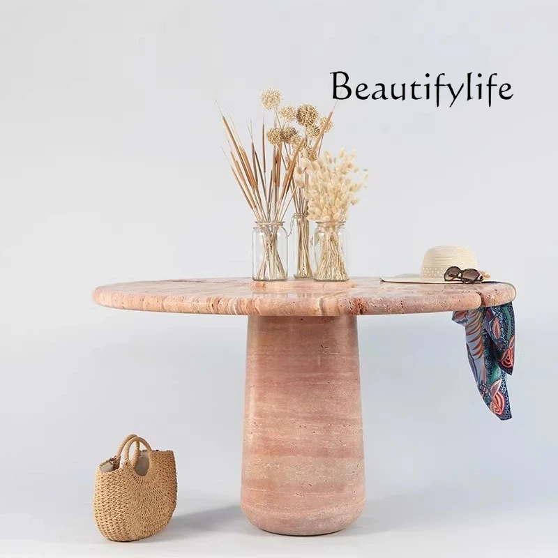 

Natural red travertine round table designer villa living room home light luxury marble round table retro style dining table