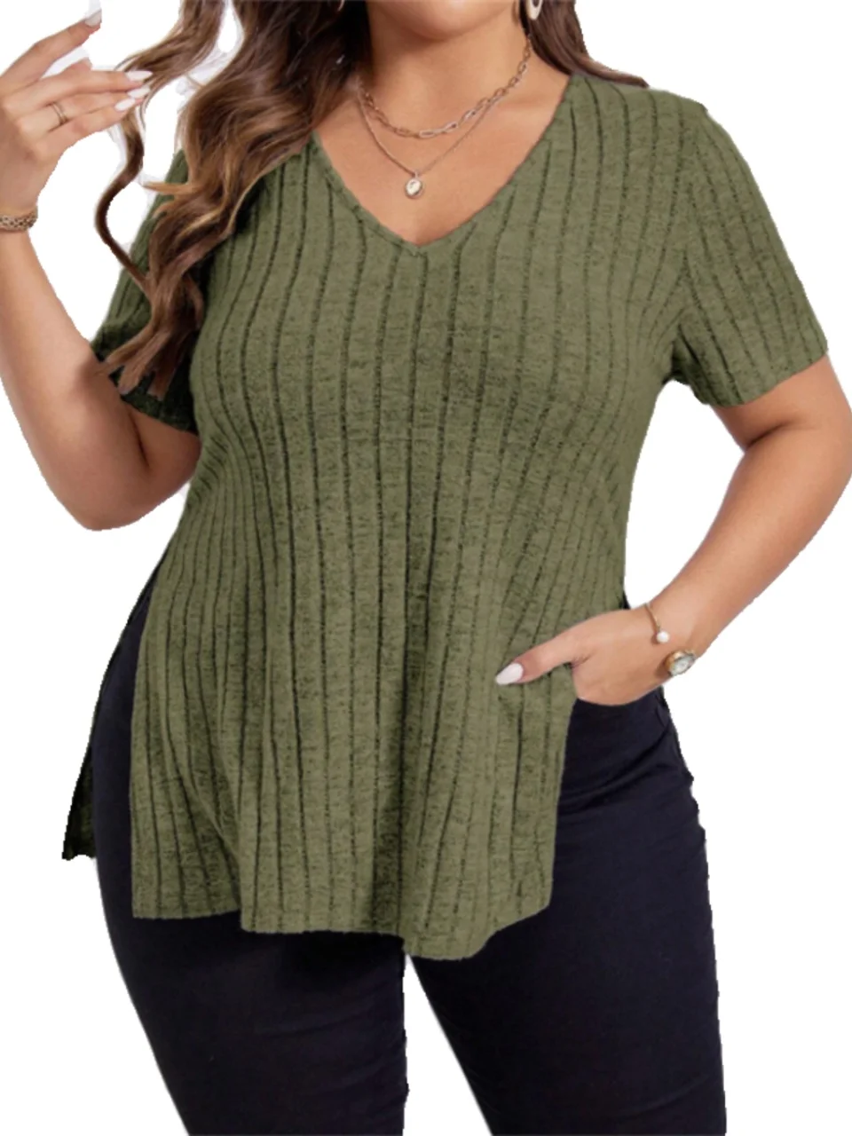 تي شيرت نسائي فضفاض بأكمام قصيرة وياقة على شكل V للصيف، تصميم عصري بأسلوب الشارع، لون واحد مع حافة غير متماثلة #3