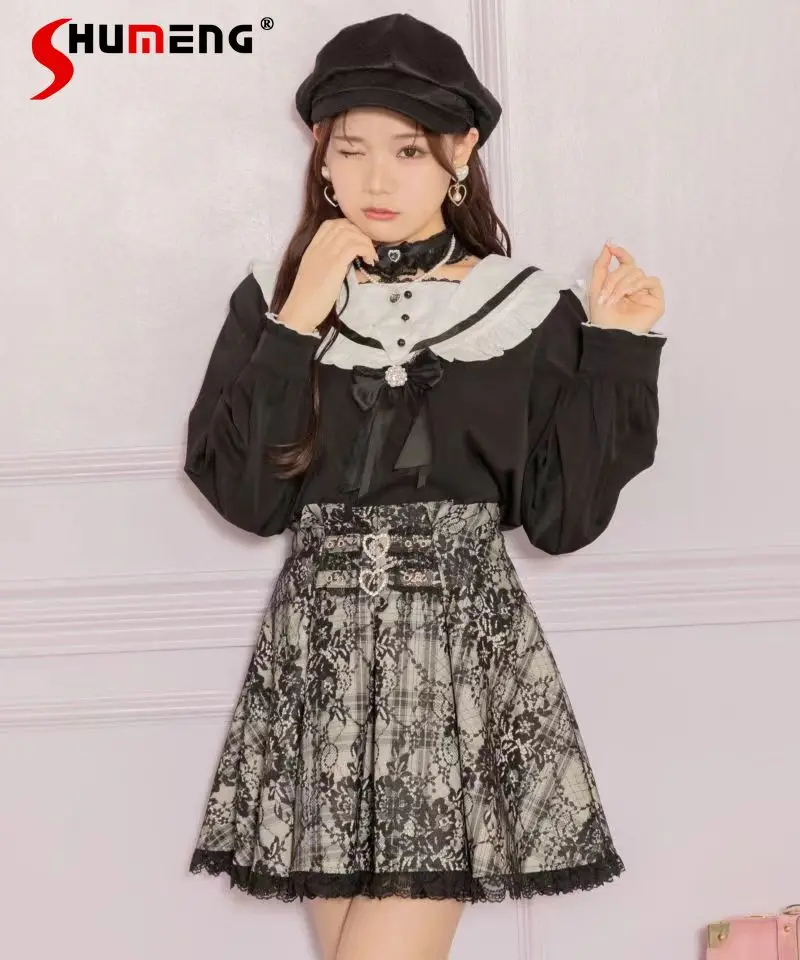 Lolita Mine Mass-Produced Lace Sailor Collar Shirt for Women Spring  and Autumn New Sweet Strap Brooch Pink Black Blouse Female