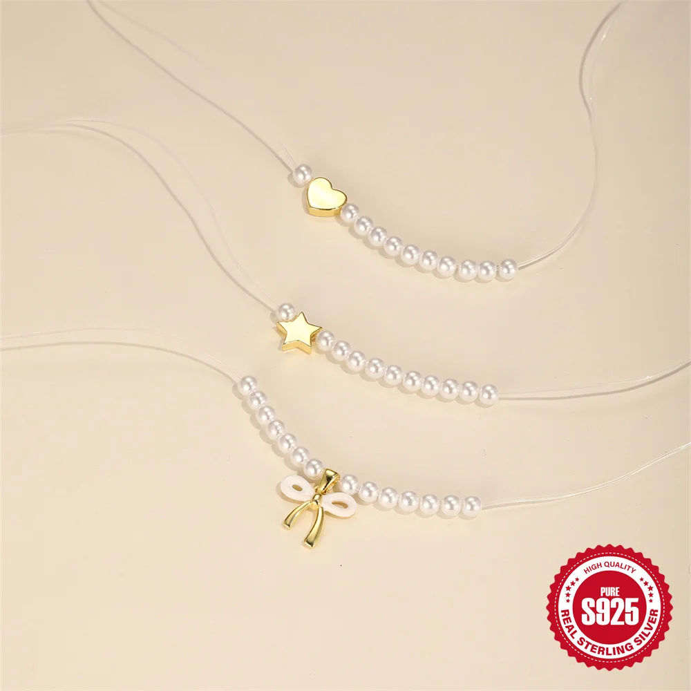 CANNER Bow Smooth Pentagonal Star 925 Sterling Silver Artificial Pearl Necklaces For Women Ins Minimalism Chain Jewelry Gift