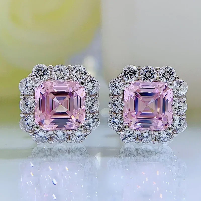 

Сияющие U S925 серебро 2 карата Asscher огранки розовые драгоценные камни серьги-гвоздики для женщин ювелирные изделия на годовщину свадьбы