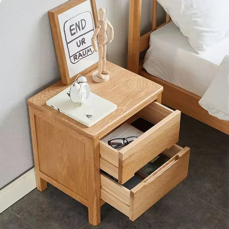 Modern minimalist solid wood bedside table, North American oak double drawn bedside table, light table
