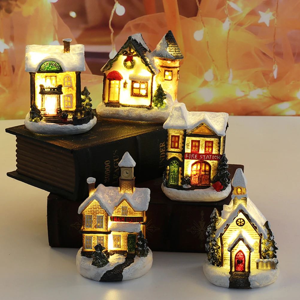 

4 Pcs House Glowing Small Decorations Christmas Dinner Table Ornaments Resin Cottage Winter