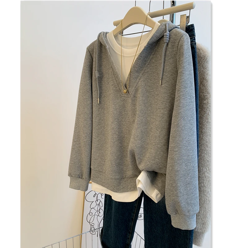 เสื้อฮู้ดคอวีไซส์ใหญ่สำหรับผู้หญิง แบรนด์ Thiened Fce แบบสองชิ้น ใส่สบายๆ สไตล์ลำลอง เหมาะสำหรับฤดูใบไม้ร่วงและฤดูหนาว สตรีทแวร์