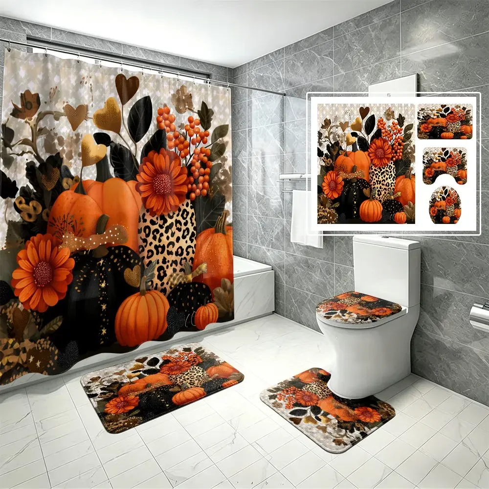 4Pcs Fall Harvest Pumpkin Shower Curtain Set, Leopard Print Orange Floral Berry Print Bathroom Decor, Machine Washable, Non-Slip