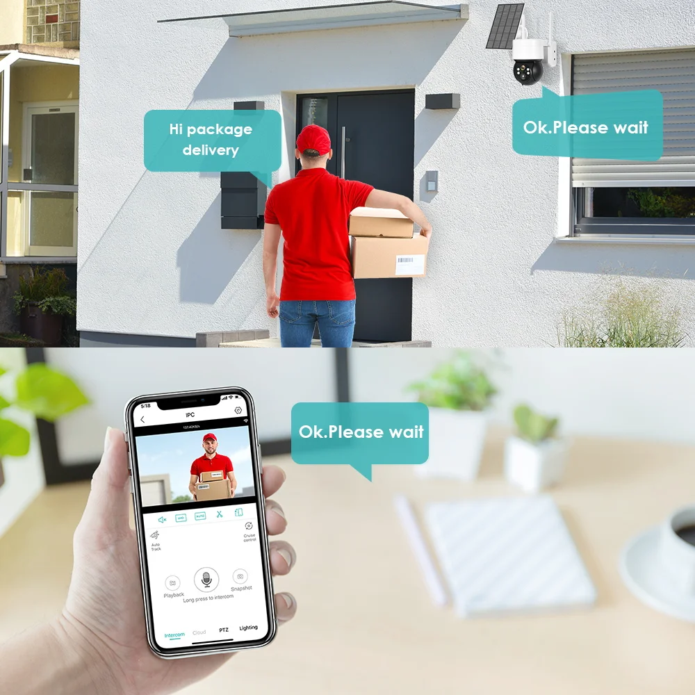 4MP 2K Wireless Wifi Surveillance Camera With Solar Panel Outdoor PTZ Camera Built-in 7800mAh Recharge Battery 180 Days Standby