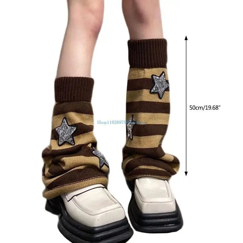 N7YF Scaldamuscoli a righe Punk Calzini lunghi da donna giapponesi con paillettes gotiche