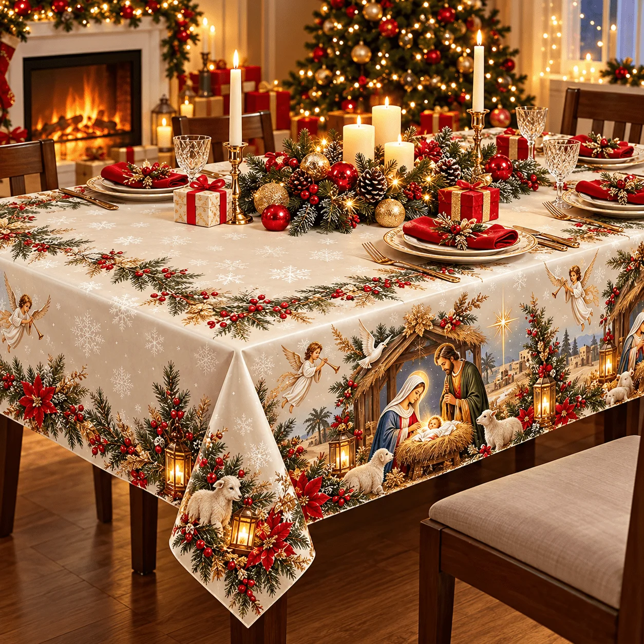 1 square tablecloth, Christmas nativity theme polyester tablecloth, exquisite Virgin Mary, angel, lamb print