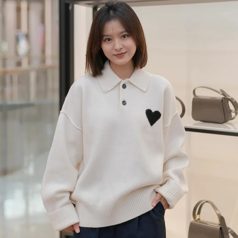 

Свободный крой шерстяной вязаный свитер с длинным воротником-светом и вышивкой букв и сердечками, свитер Lazy Ins Sle ex