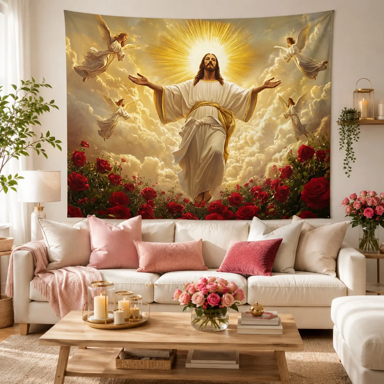 2D Flat, 1pc Sacred Religious Tapestry - Angels & Blessing Icon Holy Figure Wall Hanging, Soft Skin Fabric Suitable for Living Room, Bedroom, Church, Prayer Room Decor - Iconography, 2D Flat