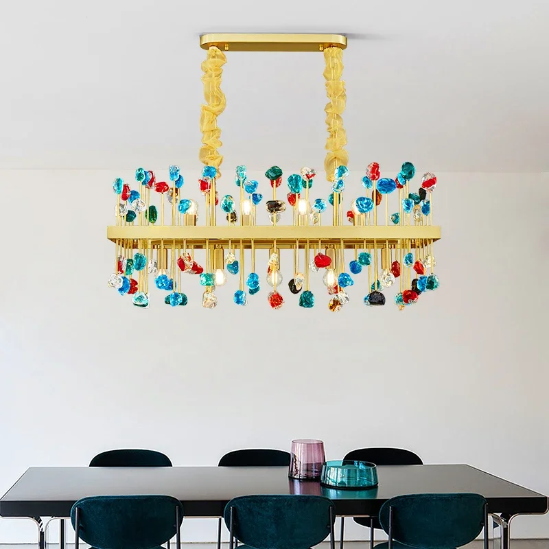 New modern chandelier lighting for dining room rectangle colorful crystal light luxury kitchen island led cristal lustres