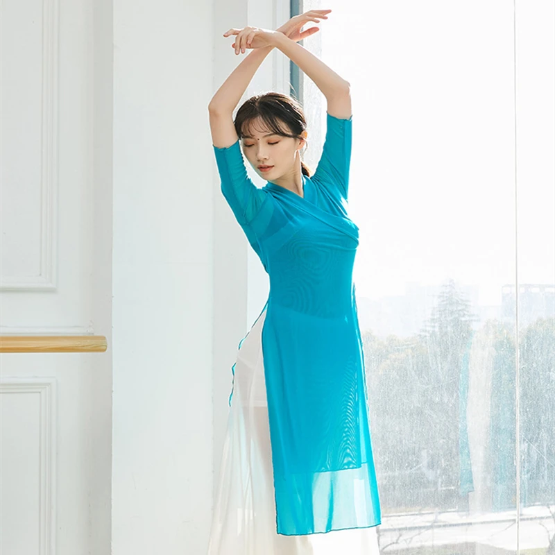 Modern Dance Top Women Side Split Bilayer Front Gauze Sheer Middle Shirt Blouse See Through Body Rhyme Folk Hanfu Practice Tops