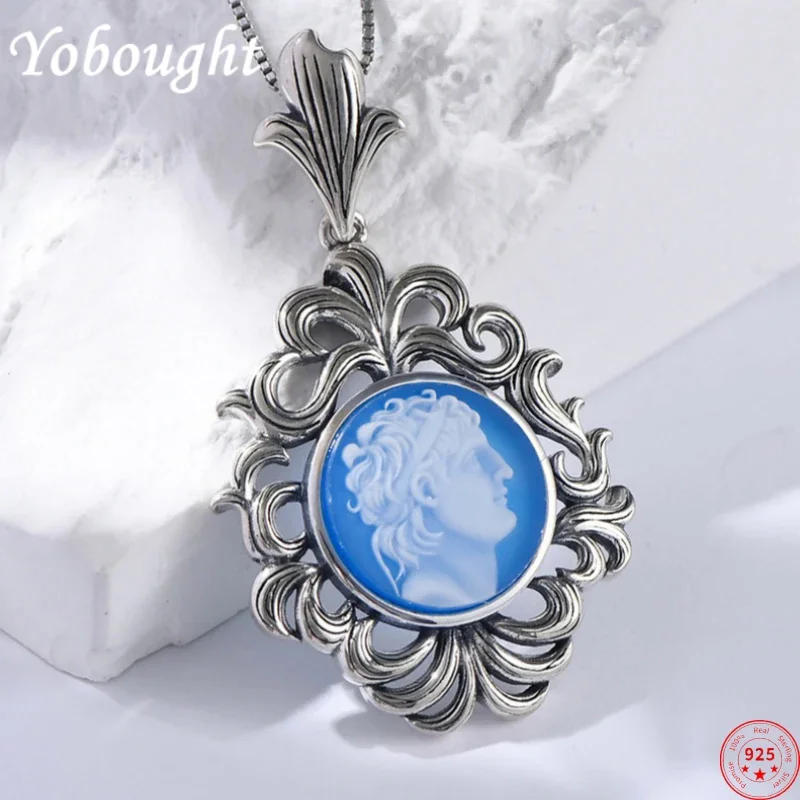 

S925 Sterling Silver Pendant For Women New Fashion Blue Agate Queen'S Head Sculpture Hollow Eternal Vine Jewelry Free Shipping