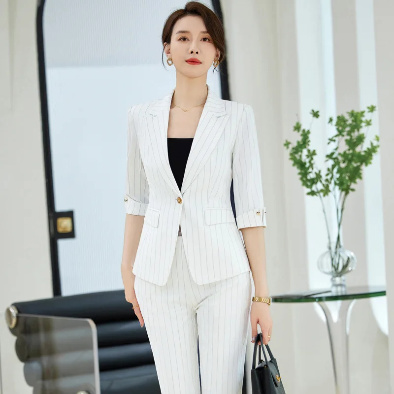 

Striped Business Suit Women2024Summer Thin Work Clothes High-Grade Graceful Half Sleeve Commuter Two-Piece Suit