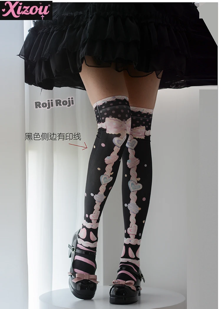 Japanese Sweet Macaron Lolita  Women's Socks Sweetheart Girl Spring Autumn Tube Socks Velvet Printed Knee Sock with Lolita Skirt