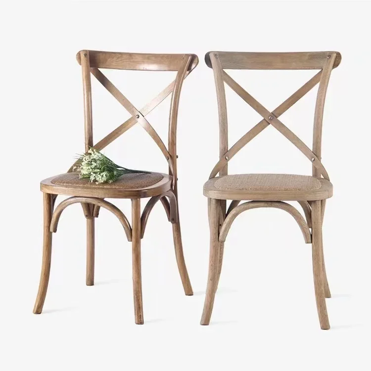 

High Quality Stackable White Beech Oak Bistro Dining Rental Wedding X Crossback Wood Cross Back Chair