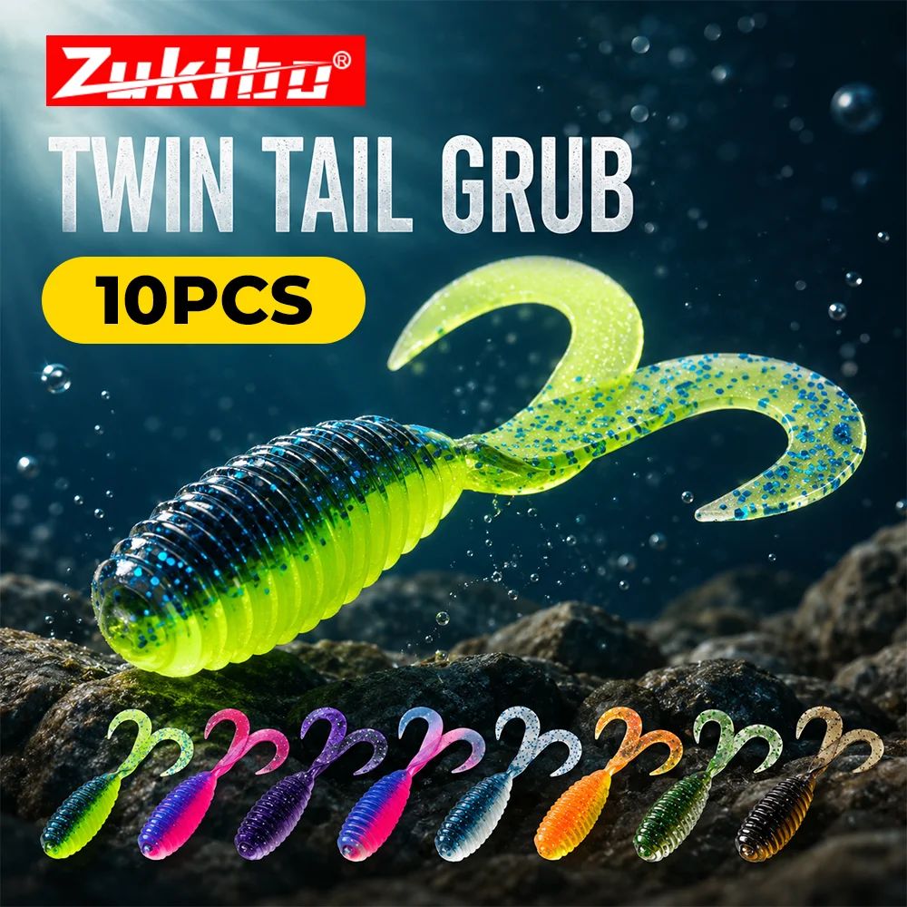 Isca de Pesca Macia ZUKIBO Twin Tail Grub com Corpo Estriado e Cauda Enrolada para Pesca de Bass, Trout e Perch em Água Doce