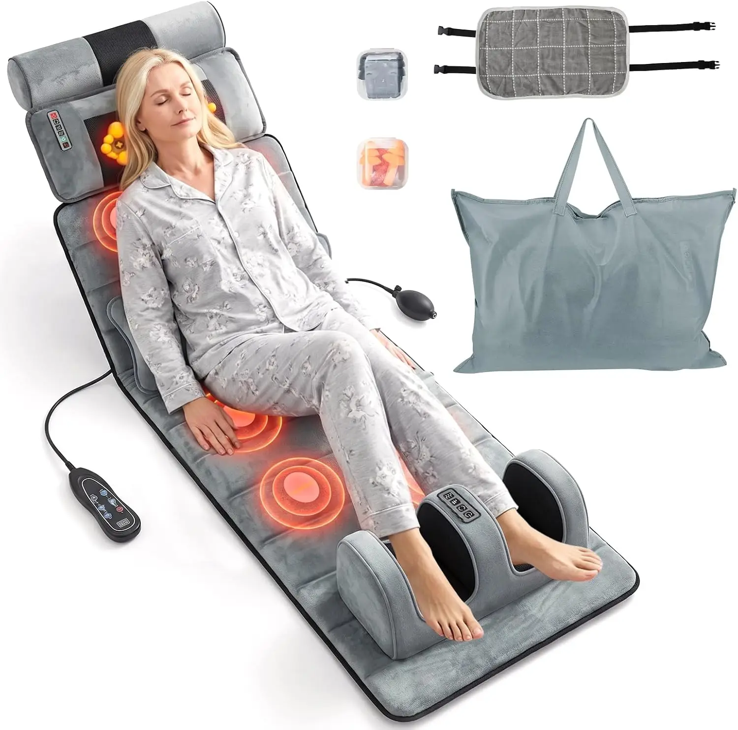 Heated Full Body Massage Mat With Vibrating Nodes Neck Foot Massager Lumbar Pillow Bed Sofa