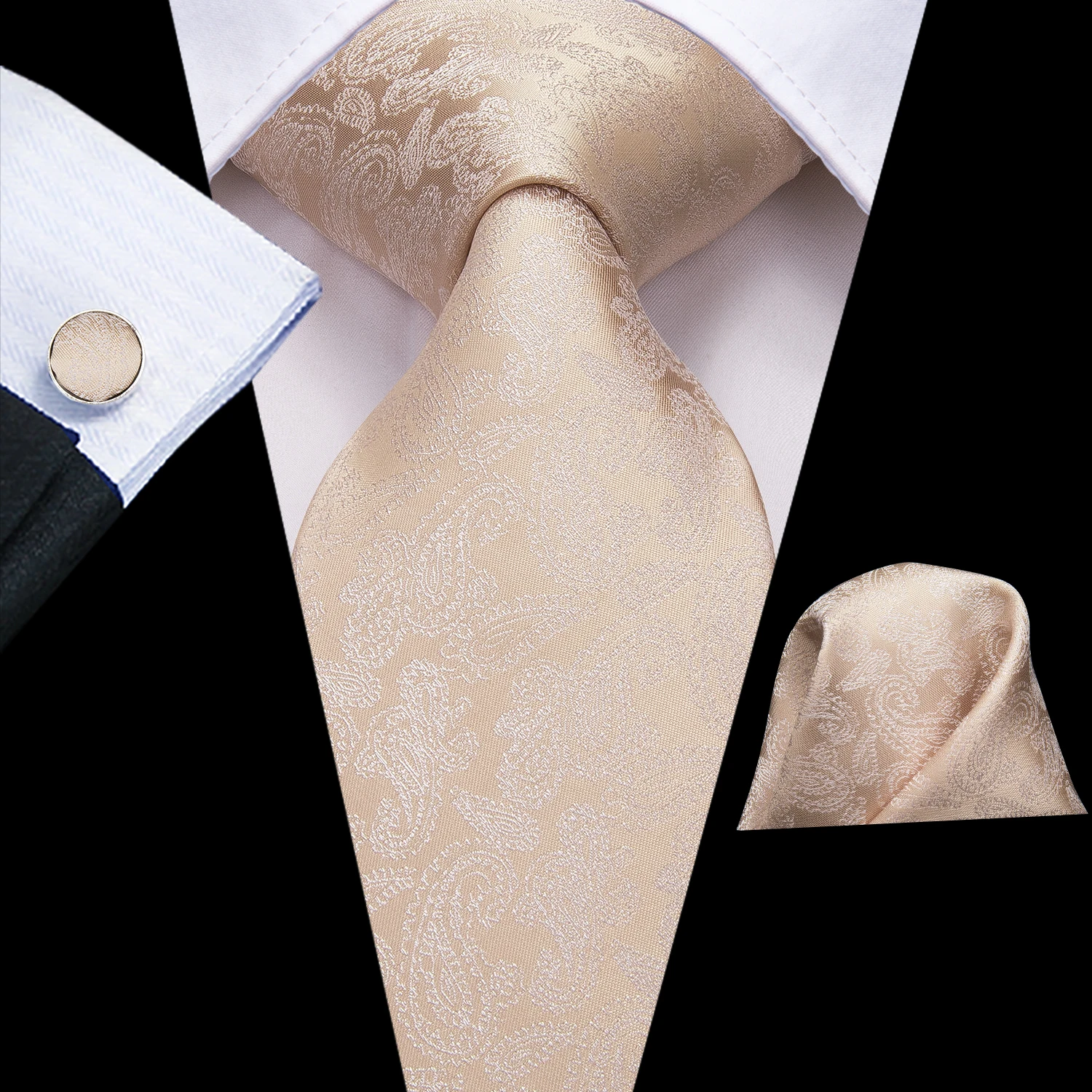 Men's Champagne Ivory White Solid Tie & Cufflinks Set, Wedding
