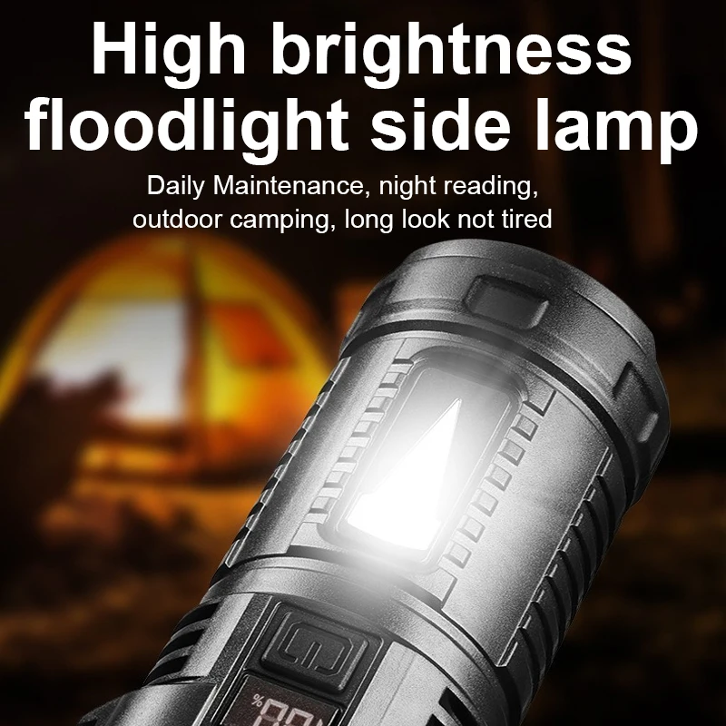 Quad-CoreLamp Bead Led Multi-Function COB SideLight Outdoor Camping Portable USB Charging Smart Electric Display Flashlight