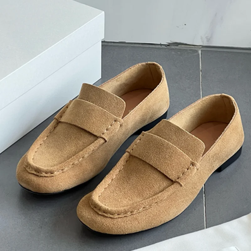 

Jenny&Dave French Ladies Lazy Autumn Cowhide Leather Suede Flat Shoes Fashion Retro Square Toe Minimalist Slip On Loafers Shoes